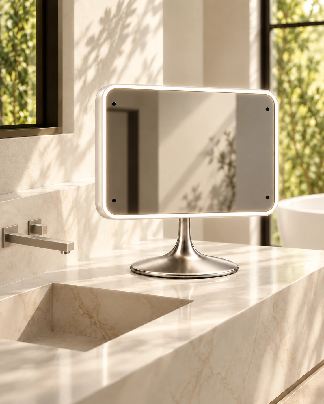 Poréa’s illuminated mirror on a sunlit stone bathroom vanity beside a basin, with greenery outside